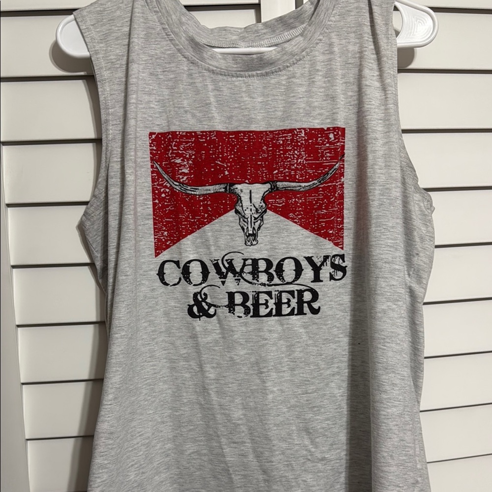 Gray Sleeveless Top with Red Graphic